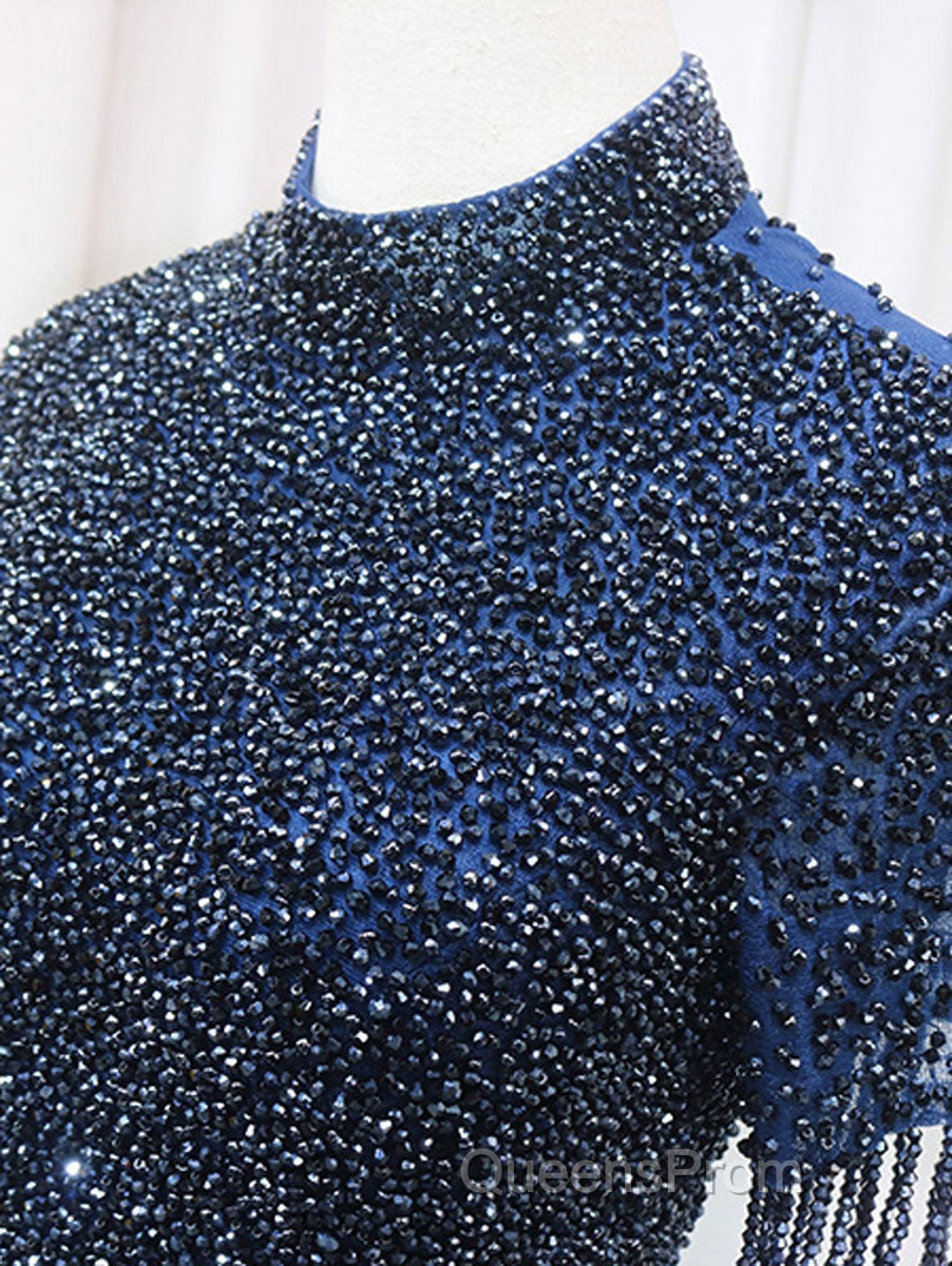 A-Line Tulle Blue Long Evening Prom Dress, Blue Formal Evening Dress with Beading