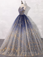 A-Line Tulle Blue Long Evening Prom Dress, Blue Tulle Long Evening Dress