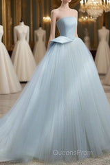 A-Line Tulle Blue Long Evening Prom Dress, Blue Tulle Long Formal Dress