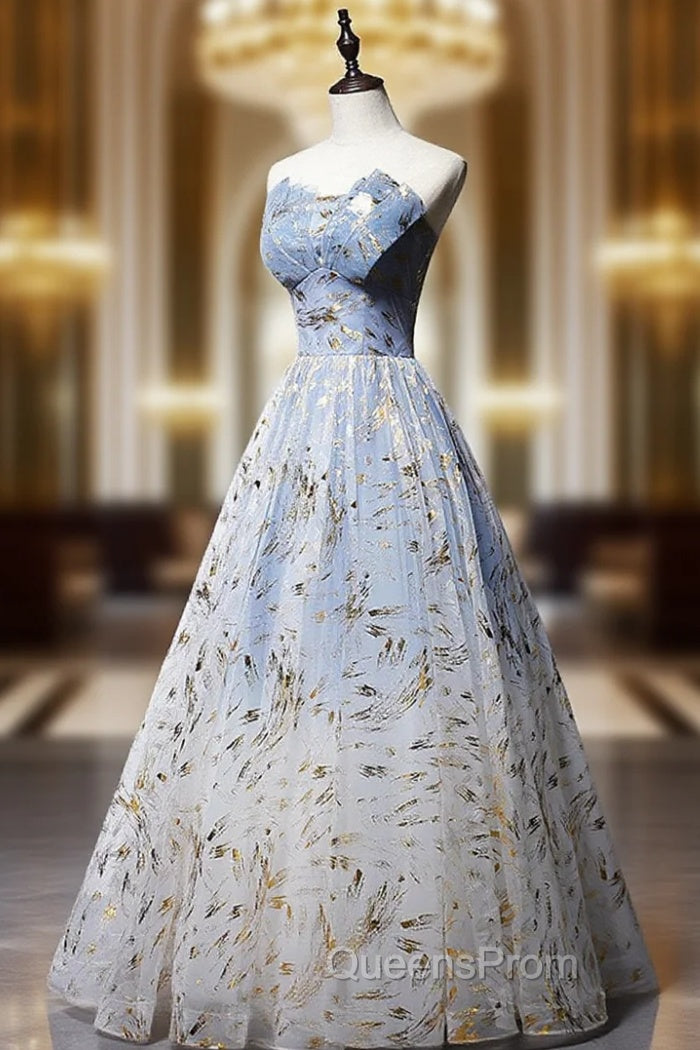 A-Line Tulle Blue Long Evening Prom Dress, Blue Tulle Evening Graduation Dress Main image
