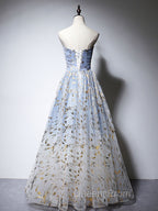 A-Line Tulle Blue Long Evening Prom Dress, Blue Tulle Evening Graduation Dress