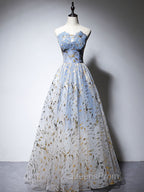 A-Line Tulle Blue Long Evening Prom Dress, Blue Tulle Evening Graduation Dress