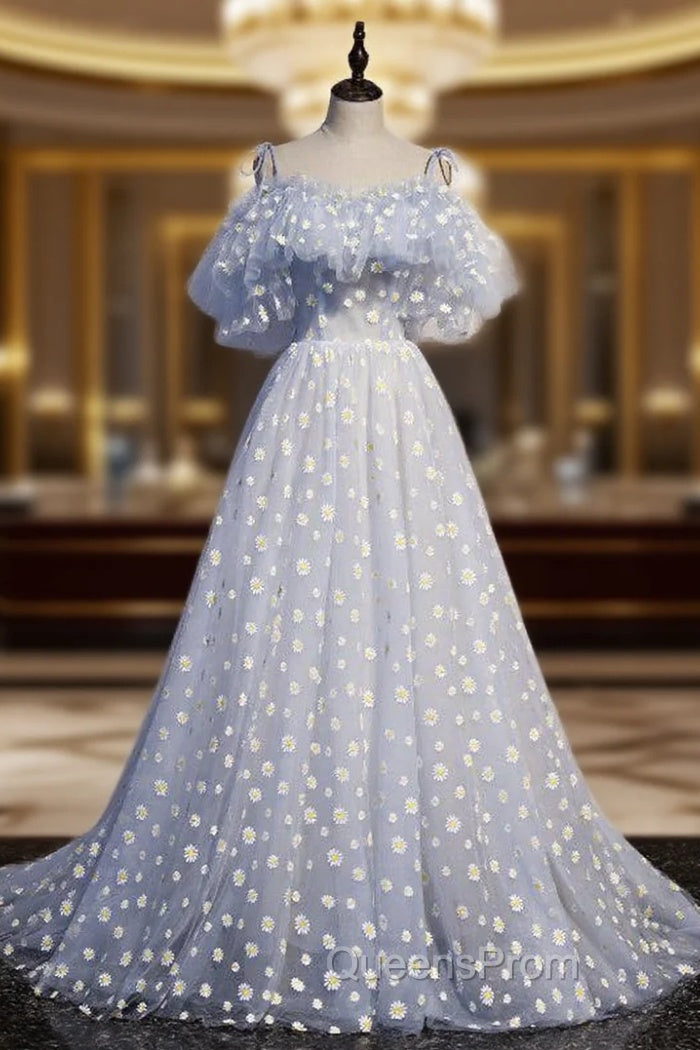 A-line Tulle Blue Off Shoulder Evening Prom Dress, Long Evening Dress Party Dress Main image