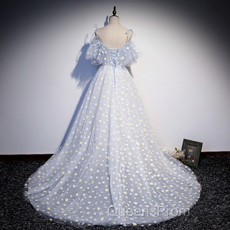 A-line Tulle Blue Off Shoulder Evening Prom Dress, Long Evening Dress Party Dress