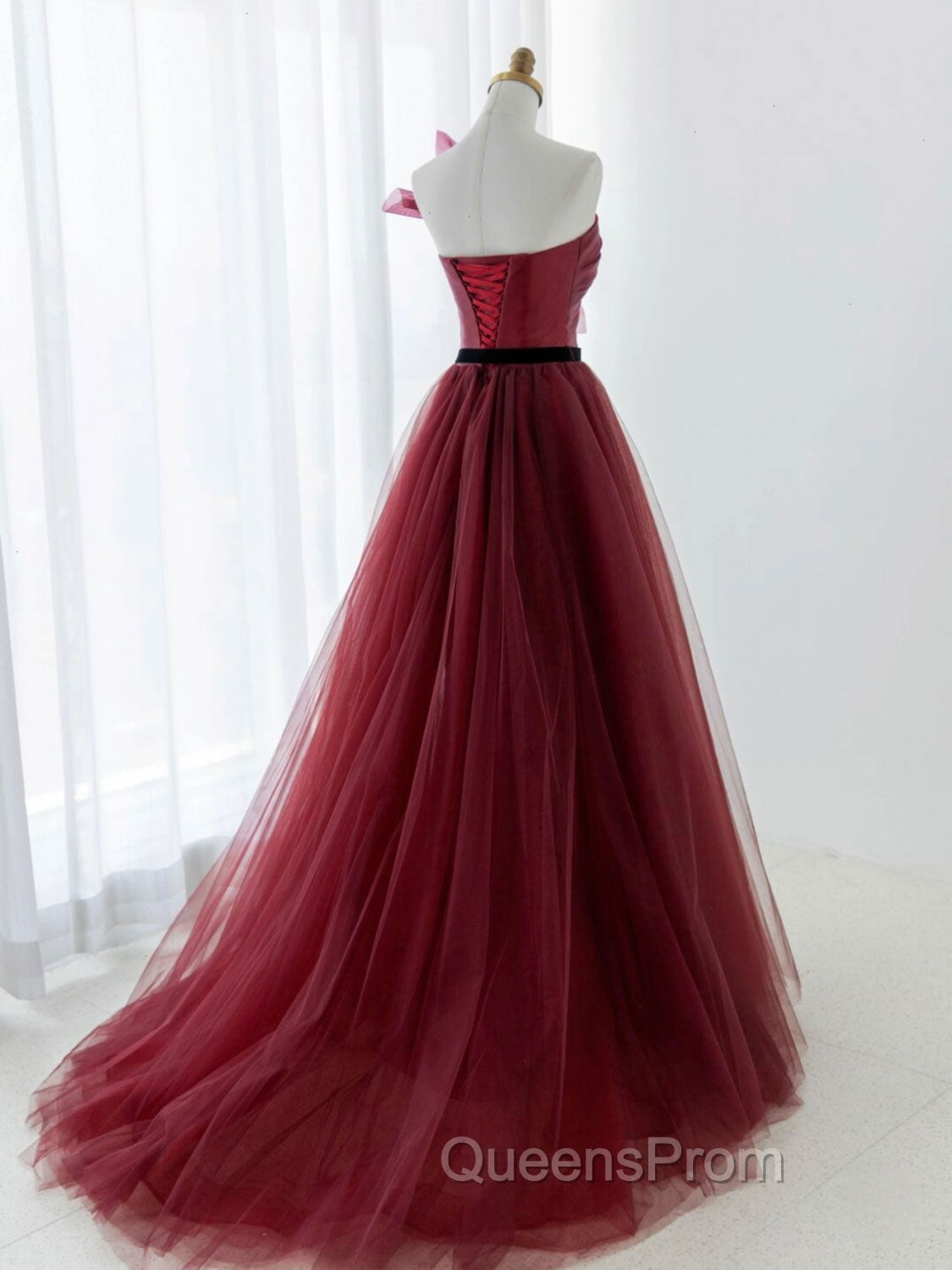 A-Line Tulle Burgundy Long Evening Prom Dress, Burgundy Evening Dress Secondary image