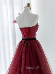 A-Line Tulle Burgundy Long Evening Prom Dress, Burgundy Evening Dress