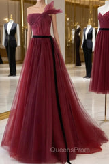 A-Line Tulle Burgundy Long Evening Prom Dress, Burgundy Evening Dress