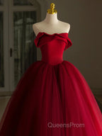 A-Line Tulle Burgundy Long Evening Prom Dress, Burgundy Long Evening Dress