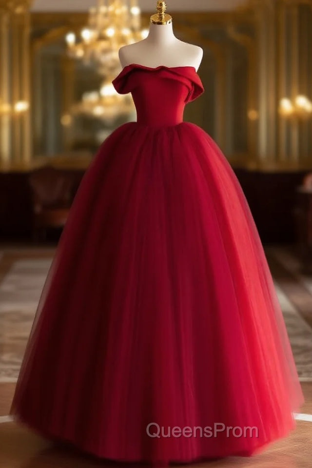 A-Line Tulle Burgundy Long Evening Prom Dress, Burgundy Long Evening Dress