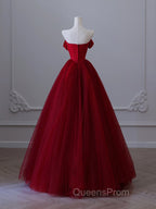 A-Line Tulle Burgundy Long Evening Prom Dress, Tulle Burgundy Long Evening Dress