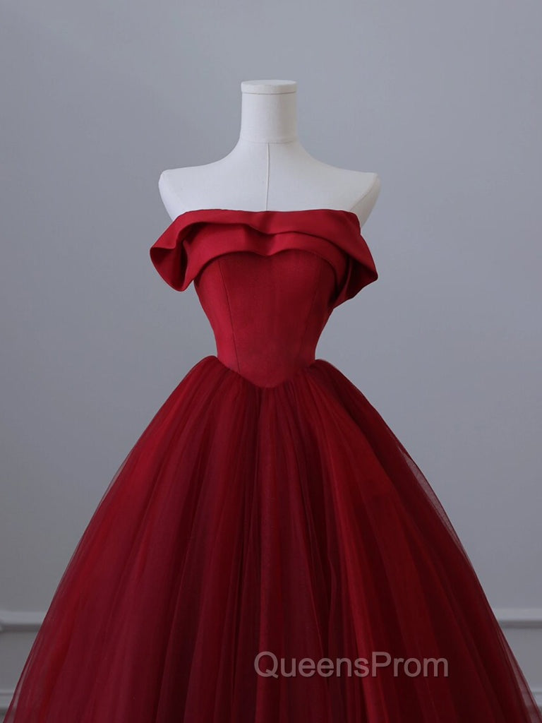 A-Line Tulle Burgundy Long Evening Prom Dress, Tulle Burgundy Long Evening Dress