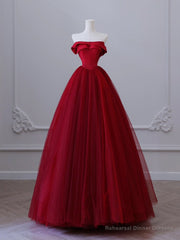 A-Line Tulle Burgundy Long Prom Dress, Tulle Burgundy Long Formal Dress