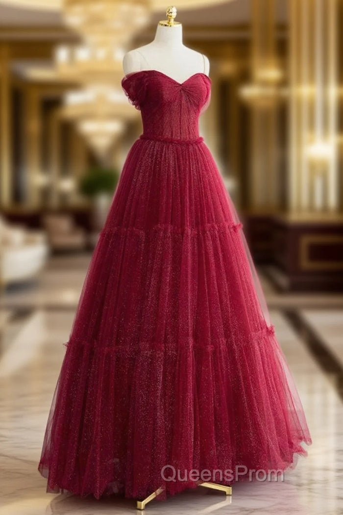 A-Line Tulle Burgundy Long Evening Prom Dress, Tulle Long Evening Dress