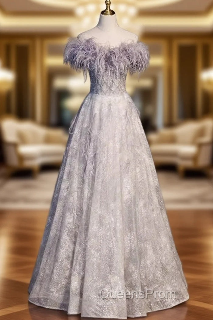 A-Line Tulle Feather Beading Evening Prom Dress