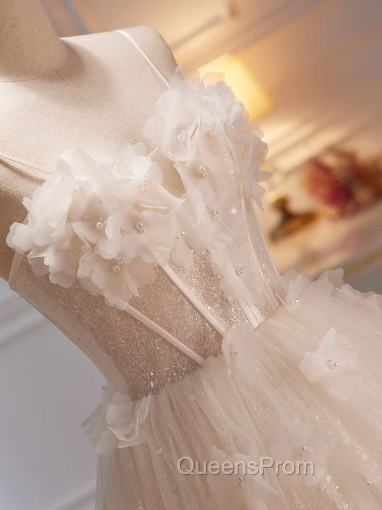 A-Line Tulle Flower Light Champagne Long Evening Prom Dress, Shiny Evening Dress