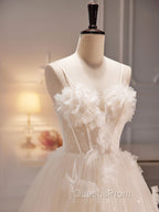 A-Line Tulle Flower Light Champagne Long Evening Prom Dress, Shiny Evening Dress