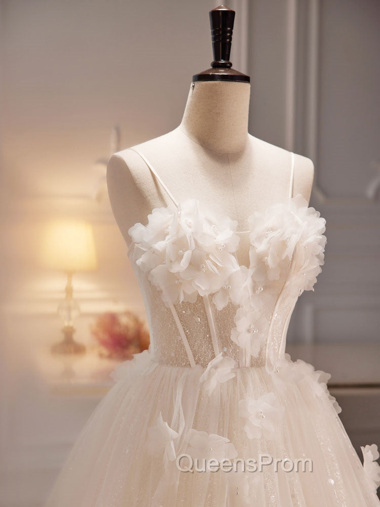 A-Line Tulle Flower Light Champagne Long Evening Prom Dress, Shiny Evening Dress