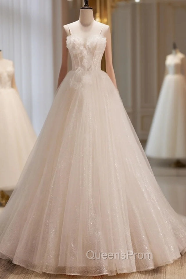 A-Line Tulle Flower Light Champagne Long Evening Prom Dress, Shiny Evening Dress Main image