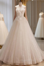 A-Line Tulle Flower Light Champagne Long Evening Prom Dress, Shiny Evening Dress