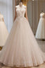 A-Line Tulle Flower Light Champagne Long Evening Prom Dress, Shiny Evening Dress