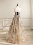 A-Line Tulle Gold/Blue Long Evening Prom Dress, Blue Evening Dress
