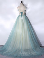 A-Line Tulle Green Long Evening Prom Dress, Green Graduation Dress with Sweep Train