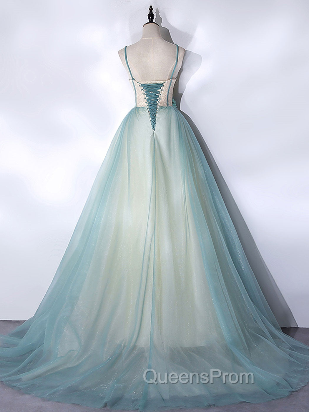 A-Line Tulle Green Long Evening Prom Dress, Green Graduation Dress with Sweep Train