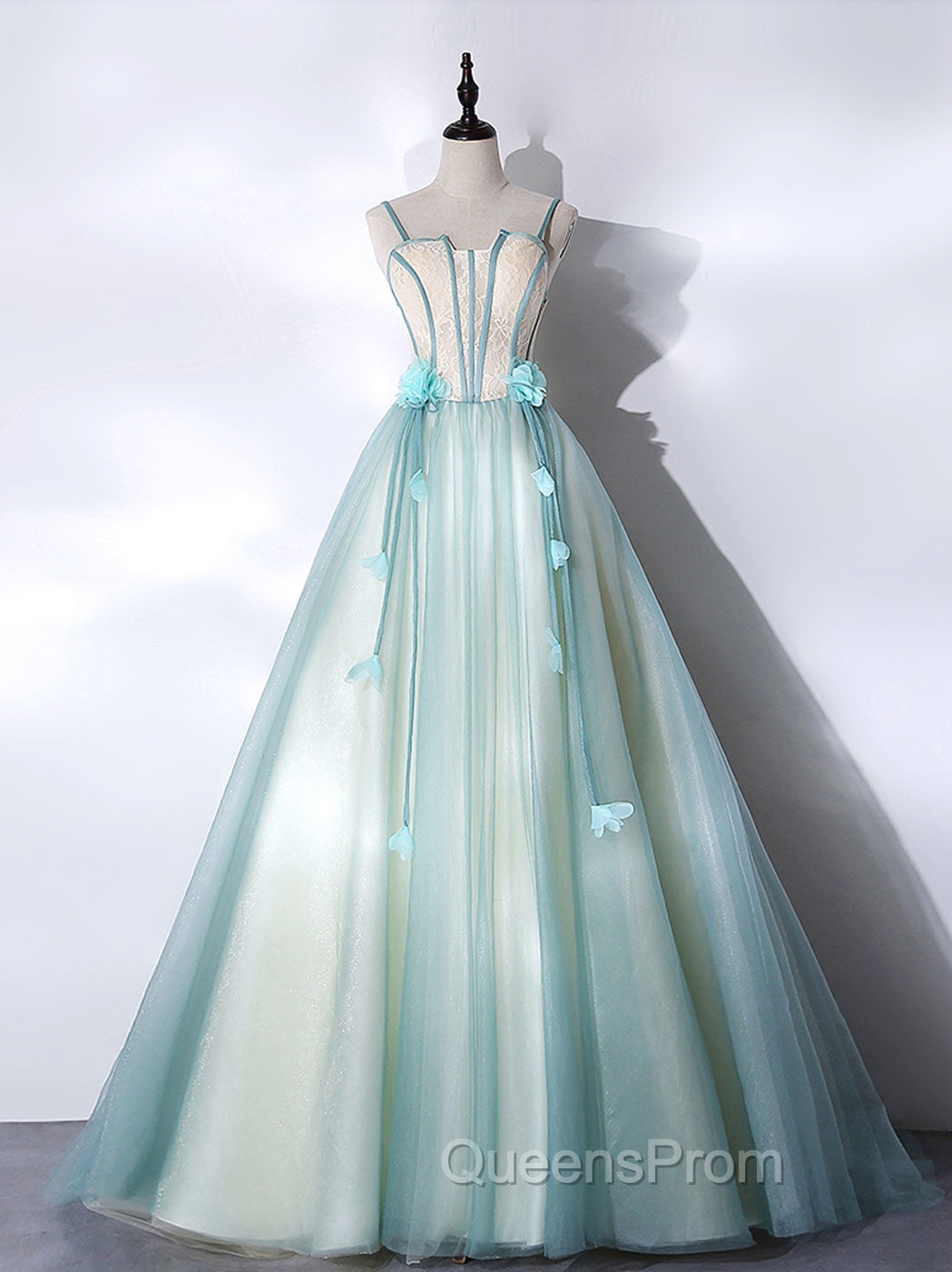 A-Line Tulle Green Long Evening Prom Dress, Green Graduation Dress with Sweep Train