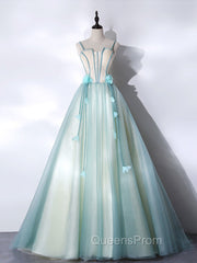 A-Line Tulle Green Long Evening Prom Dress, Green Graduation Dress with Sweep Train