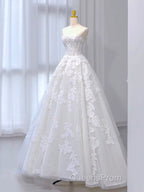 A-Line Tulle Lace Beige Long Evening Prom Dress, Beige Long Formal Dress