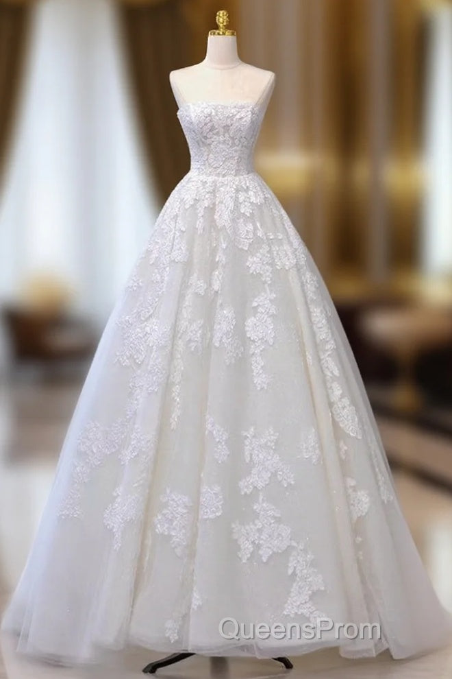 A-Line Tulle Lace Beige Long Evening Prom Dress, Beige Long Formal Dress Main image