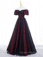 A-Line Tulle Lace Black/burgundy Long Evening Prom Dress, Black/Burgundy Long Evening Dress