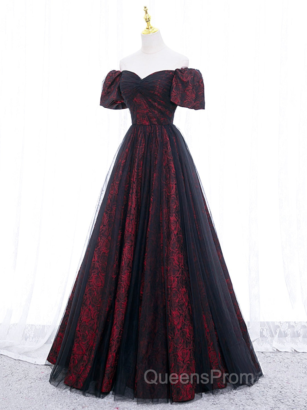 A-Line Tulle Lace Black/burgundy Long Evening Prom Dress, Black/Burgundy Long Evening Dress