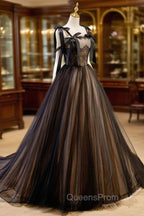 A-Line Tulle Lace Black Long Evening Prom Dress, Black Evening Dress