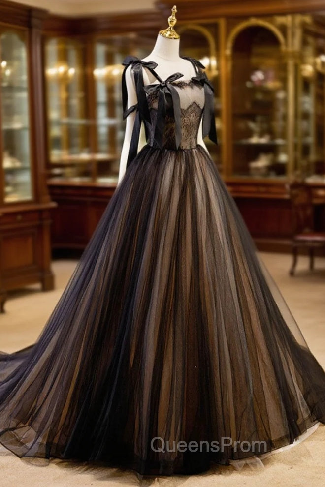 A-Line Tulle Lace Black Long Evening Prom Dress, Black Evening Dress