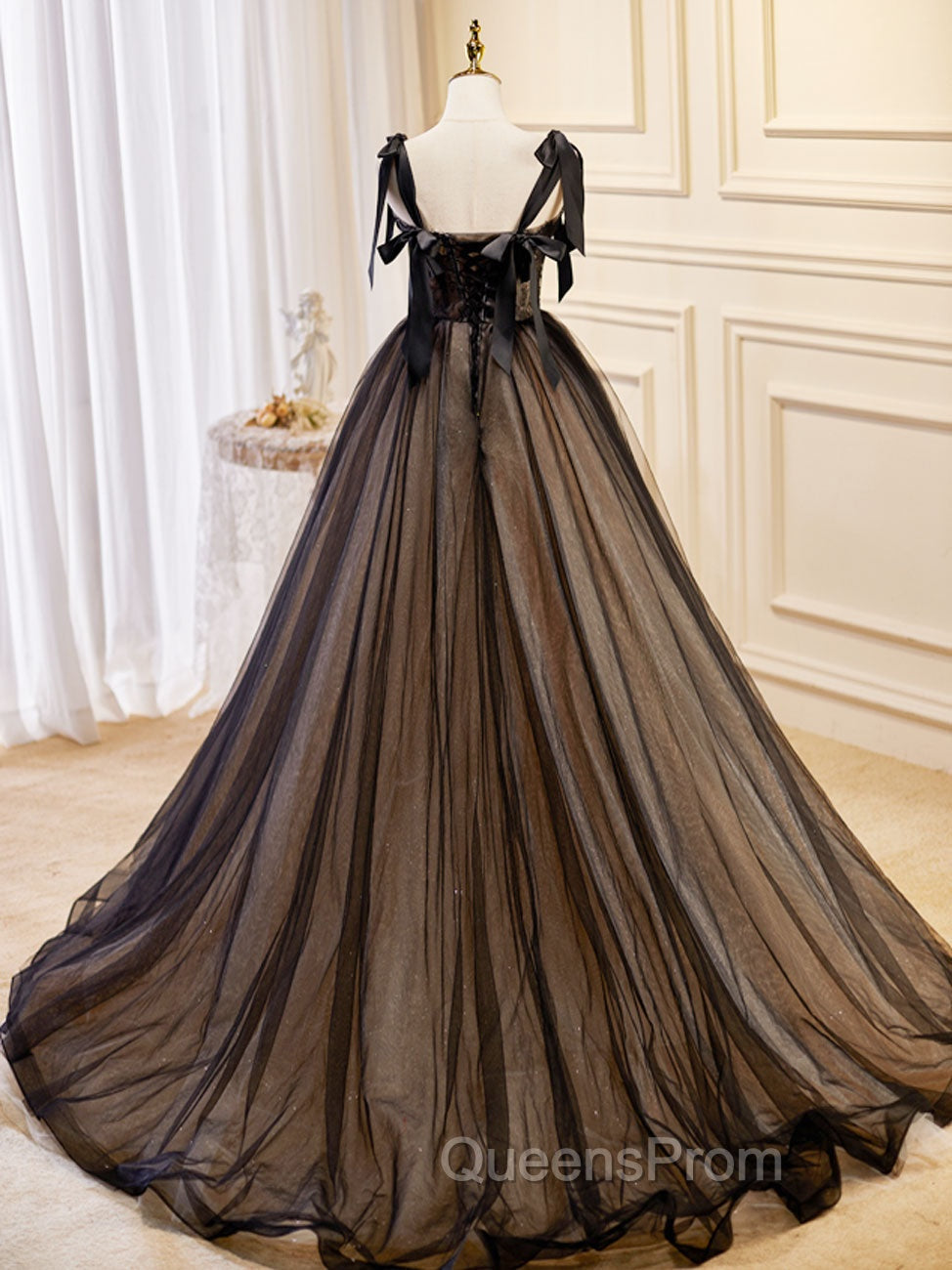 A-Line Tulle Lace Black Long Evening Prom Dress, Black Evening Dress