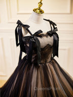A-Line Tulle Lace Black Long Evening Prom Dress, Black Evening Dress