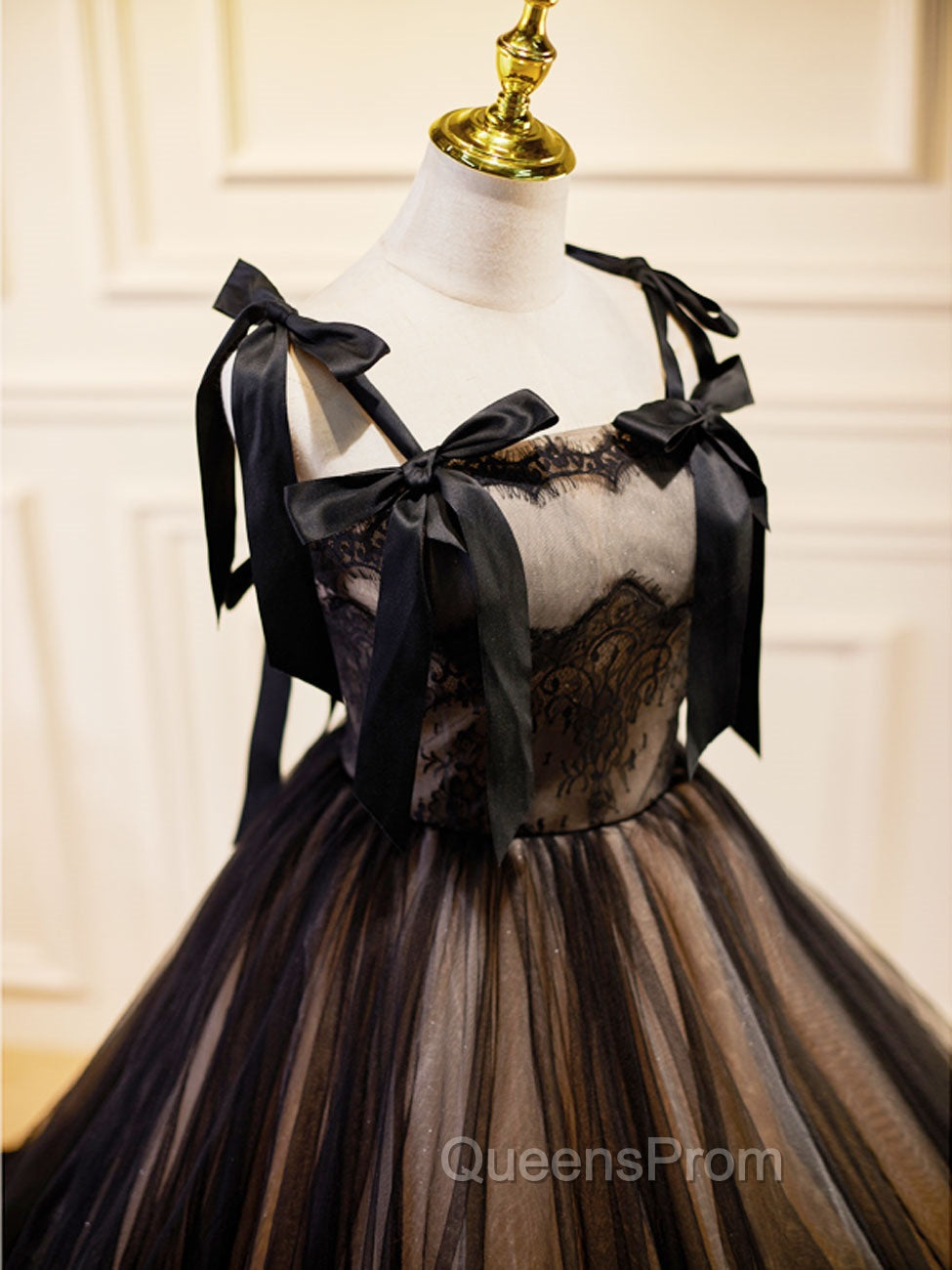 A-Line Tulle Lace Black Long Evening Prom Dress, Black Evening Dress