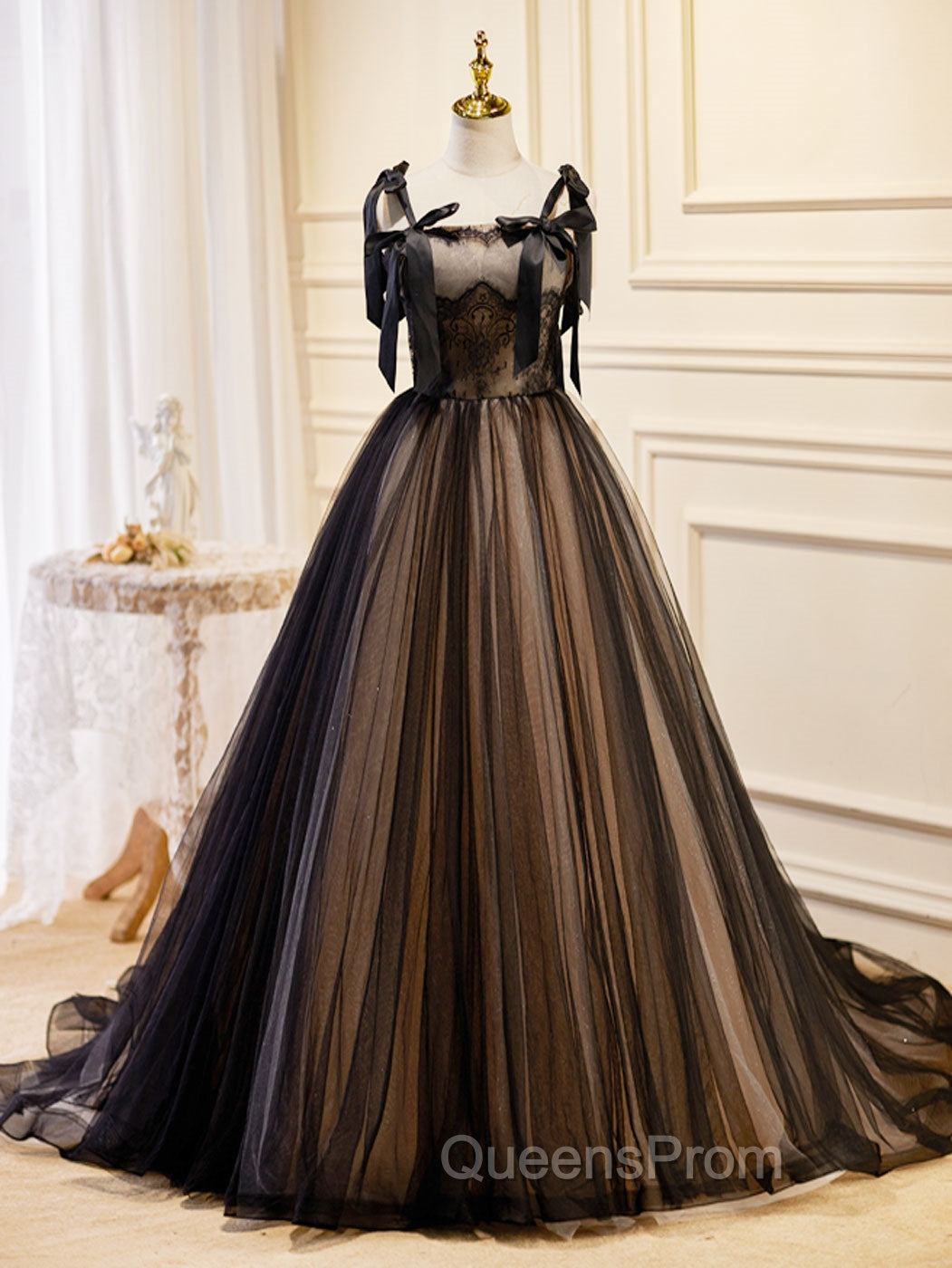 A-Line Tulle Lace Black Long Evening Prom Dress, Black Evening Dress Main image
