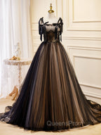 A-Line Tulle Lace Black Long Evening Prom Dress, Black Evening Dress