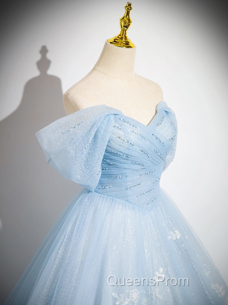 A-Line Tulle Lace Blue Long Evening Prom Dress, Off Shoulder Blue Long Sweet 16 Dress