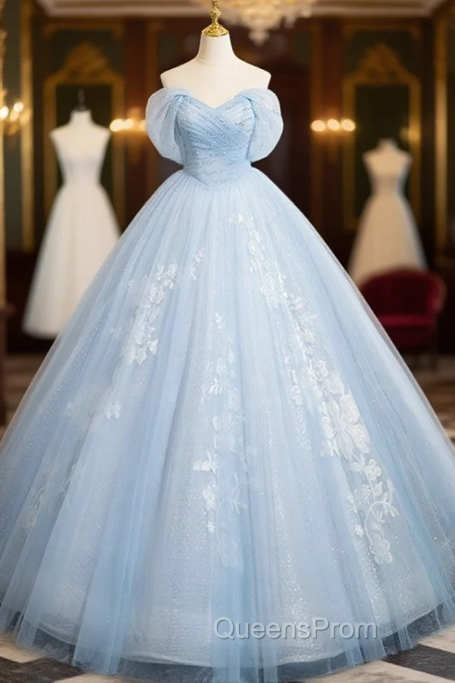 A-Line Tulle Lace Blue Long Evening Prom Dress, Off Shoulder Blue Long Sweet 16 Dress