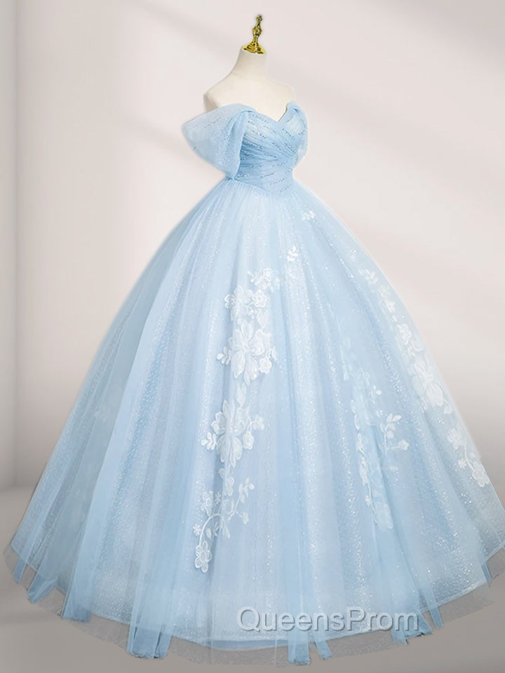 A-Line Tulle Lace Blue Long Evening Prom Dress Off Shoulder Sky Blue Dress