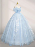 A-Line Tulle Lace Blue Long Evening Prom Dress Off Shoulder Sky Blue Dress