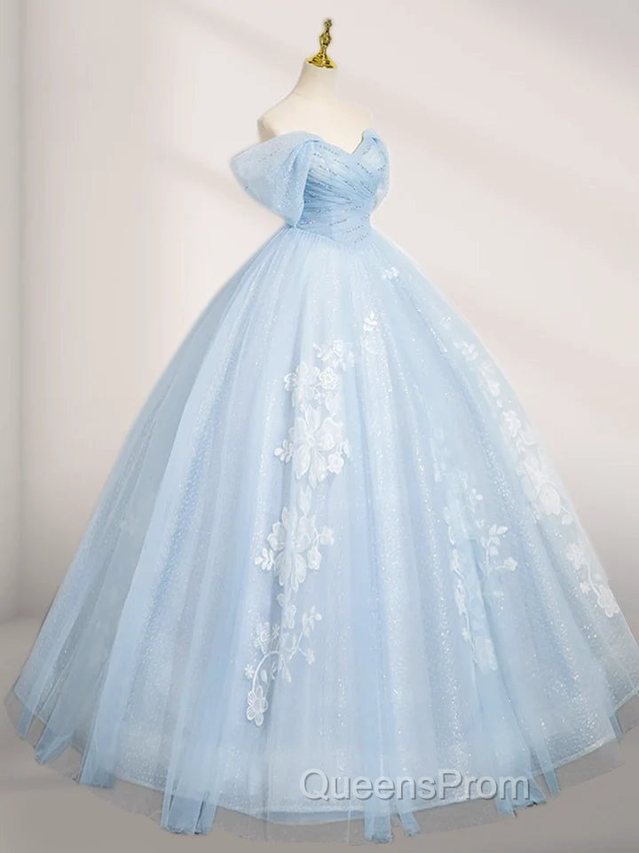 A-Line Tulle Lace Blue Long Evening Prom Dress Off Shoulder Sky Blue Dress