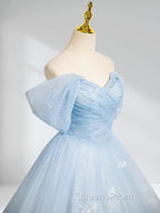 A-Line Tulle Lace Blue Long Evening Prom Dress Off Shoulder Sky Blue Dress