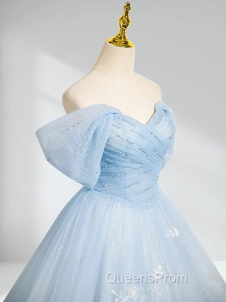 A-Line Tulle Lace Blue Long Evening Prom Dress Off Shoulder Sky Blue Dress