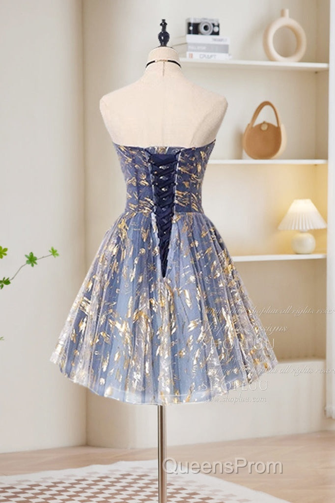 A-Line Tulle Lace Blue Short Evening Prom Dress, Cute Blue Homecoming Dress Secondary image