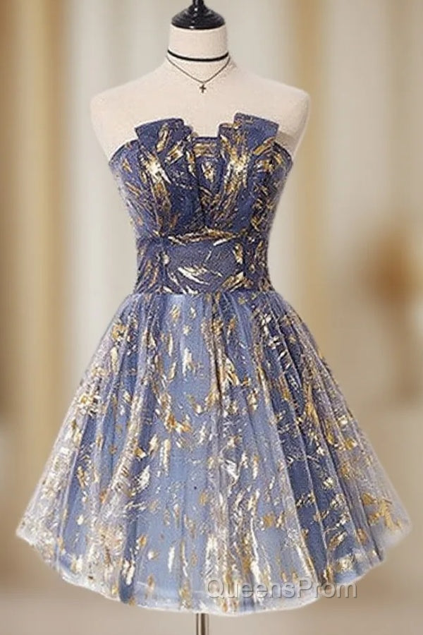 A-Line Tulle Lace Blue Short Evening Prom Dress, Cute Blue Homecoming Dress Main image