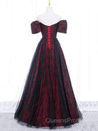 A-Line Tulle Lace Burgundy Long Evening Prom Dress, Burgundy Long Evening Dress